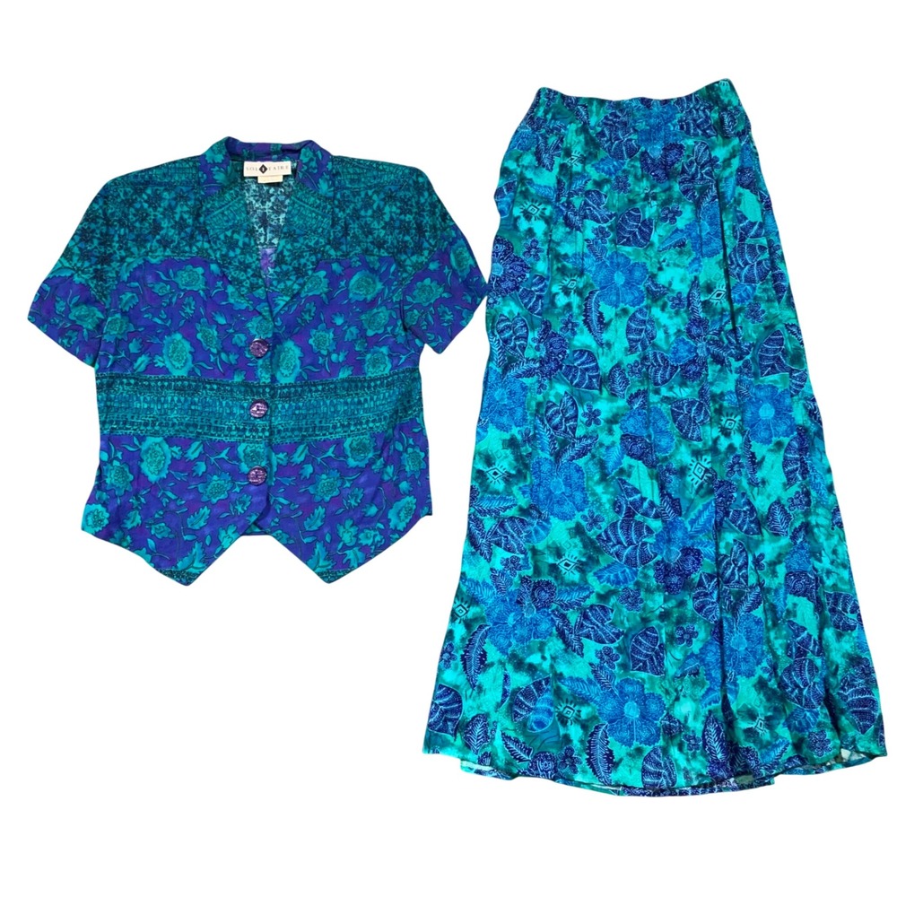 Solitaire Vintage 90s Two Piece Floral Maxi Skirt Set Blue Purple Rayon Size 8